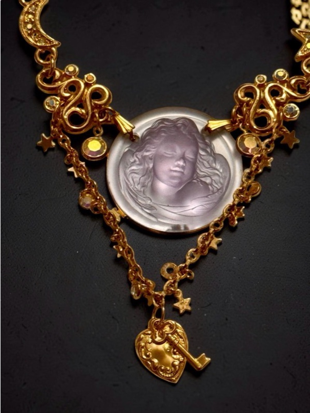 Vintage Signed Kirks Folly Gold-Tone Celestial Cameo Medallion Necklace Earrings - Picture 6 of 8